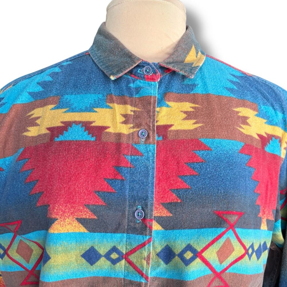 Vintage 90s Woolrich Colorful Southwest Aztec Print Cotton Shirt Made in USA XL‎